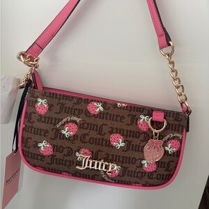 Juicy Couture Brown Strawberry Print Shoulder Bag with Pink Trim
